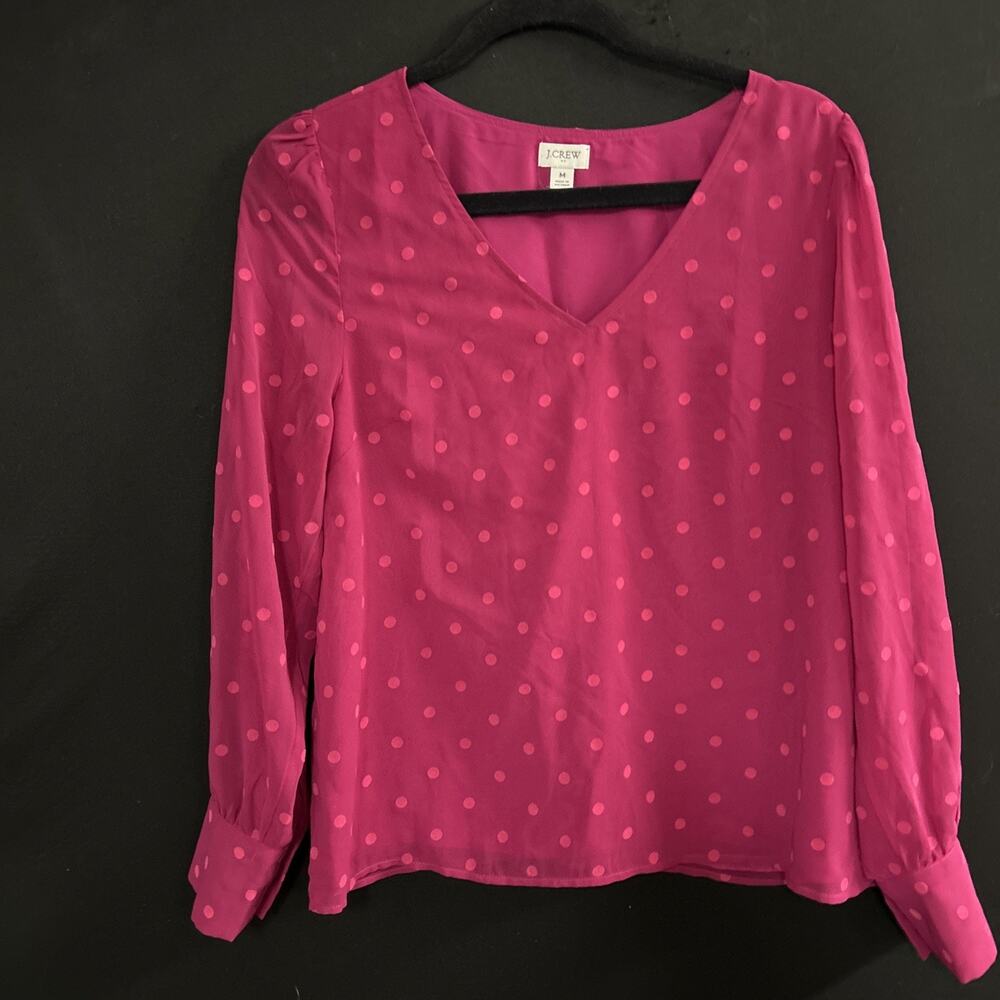NWT J Crew Shirt Womens Medium Long Sleeve V Neck Pink Dotted Chiffon Polka Dot